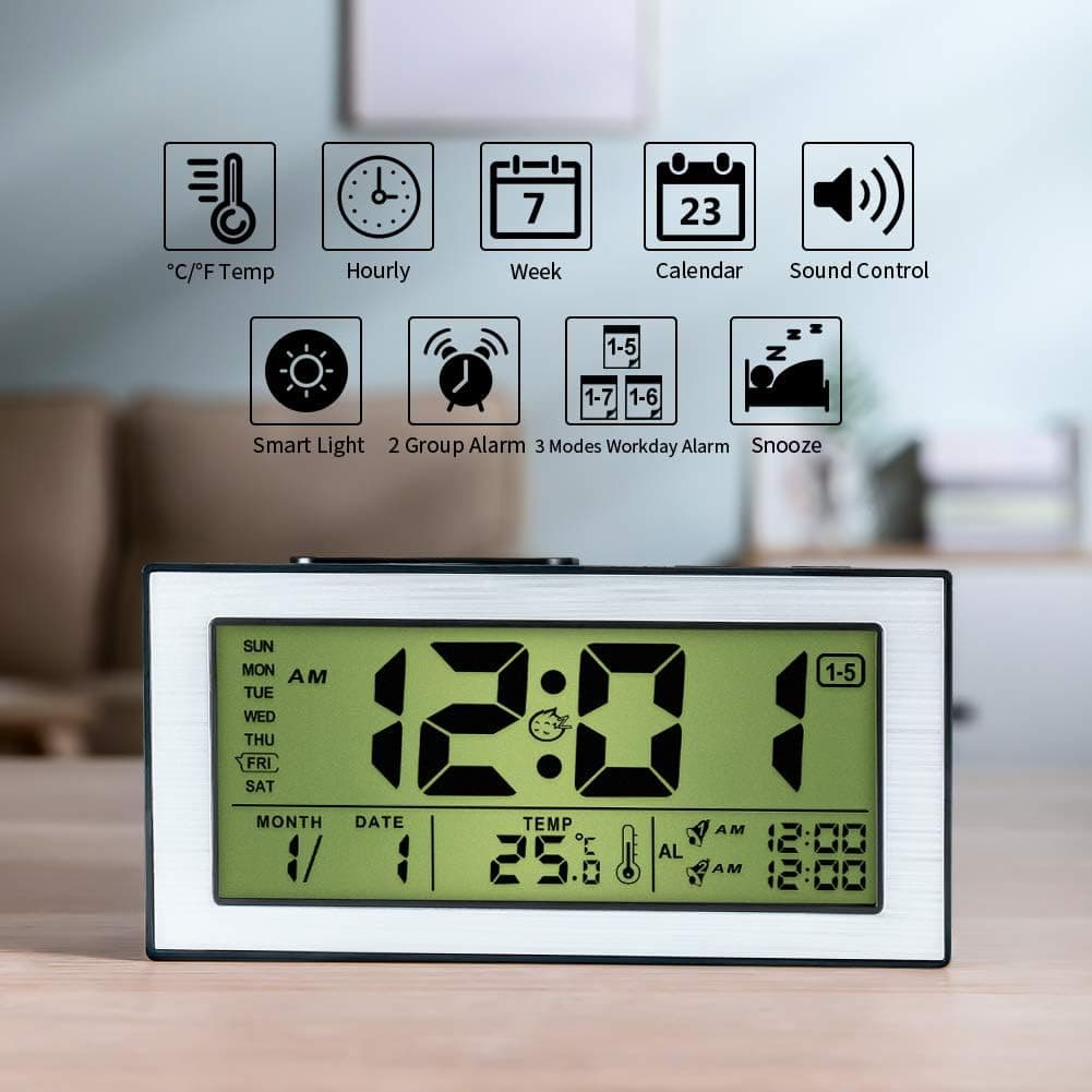 Digital Alarm Clock for Bedrooms,Simple Operation with Time & Temperature Display,2 Alarms and Snooze Function,Adjustable Volume and Optional Weekday Mode - Black