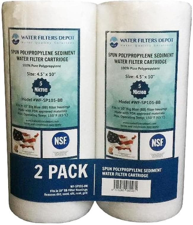 WFD, WF-SP105-BB 4.5"x10" 5 Micron Sediment Water Filter Cartridge, Spun Polypropylene, Fits in 10" Big Blue (BB) Housings of Filtration Systems for Whole House (2 Pack)