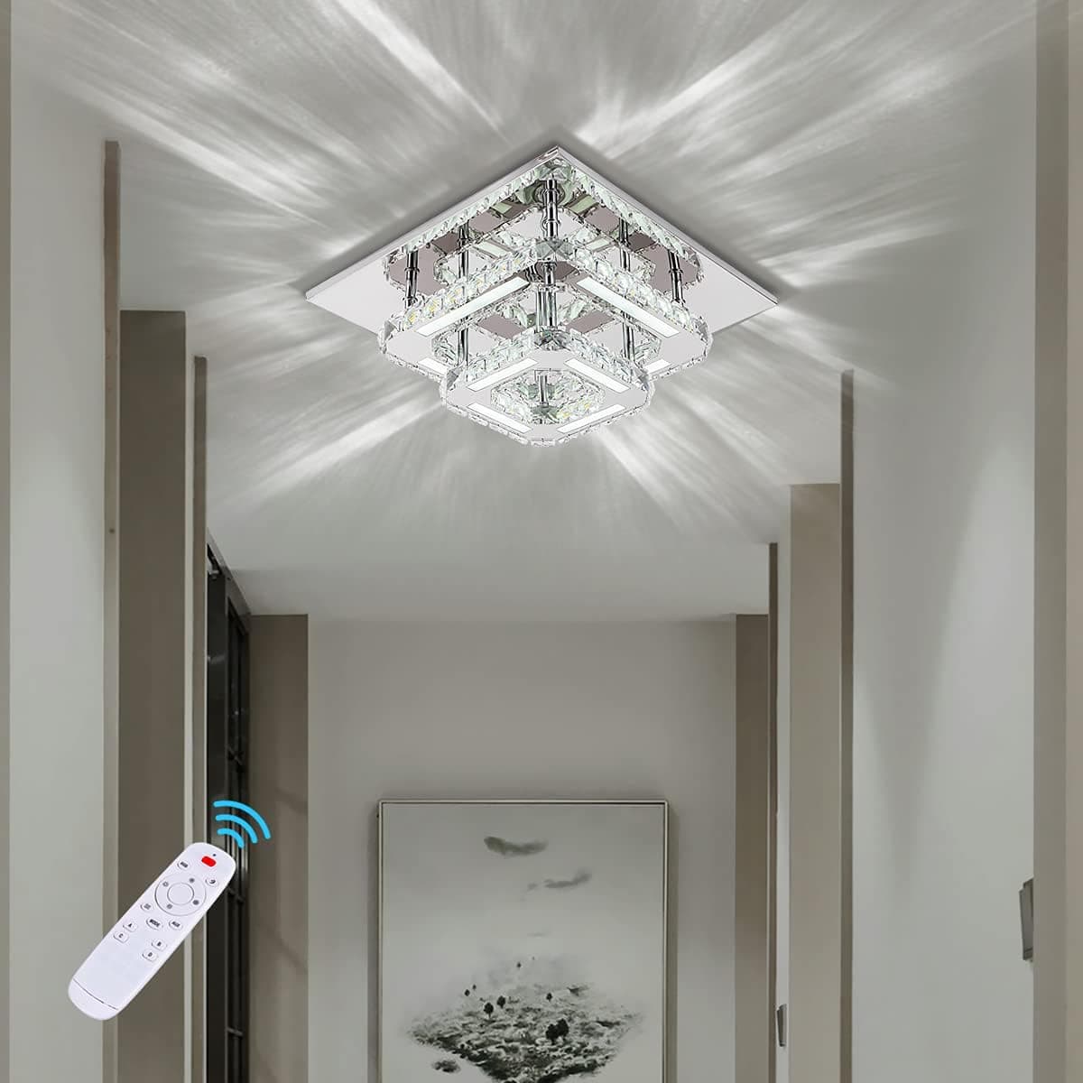 Modern Crystal Chandelier Dimmable Flush Mount Ceiling Light with Remote Control Color Temperature Adjustable LED K9 Crystal 2-Square Mini Ceiling Lamp, 120lm/w CRI>80 3000k/4000k/6000k, Chrome