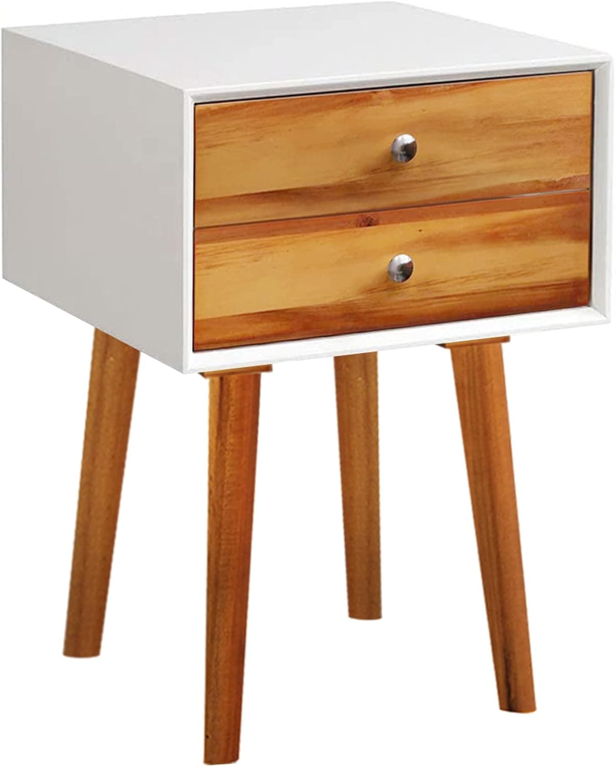 Giantex Mid Century Modern Nightstand, Wooden Bedside Tables w/ 2 Storage Drawers & Soild Wood Legs, Practical End Side Table for Living Room Bedroom, White & Walnut