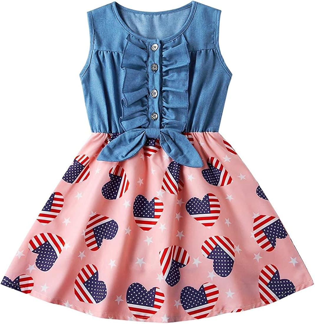 CYCC Girls Princess Dresses Sleeveless Denim Tops Sundress Floral Print One-Piece Outfit