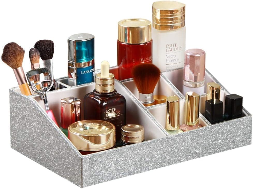 Makeup Organizer Tray Vanity Brush Holder Cosmetic Display Case for Lipstick Jewelry and Skin Care Products, Countertop Bathroom Dresser Storage Box, 8 Compartments Sparkly Leather (Silver)