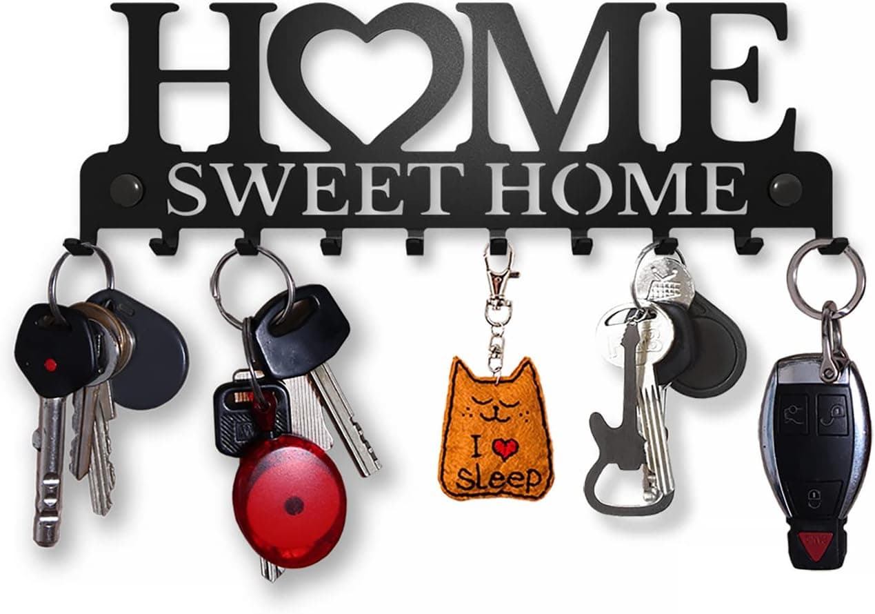 SirHoldeer Key Rack for Wall, Black Key Holder for Wall Decorative, Metal Wall Decor for Office, Hallway, Entryway, Key Hooks Hanging Keys, Small Key Hanger for Wall, Farmhouse Home Sweet Home Sign