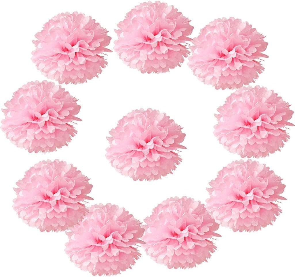 10pcs Tissue Hanging Paper Pom-poms Flower Ball Wedding Party Outdoor Decoration, Hmxpls Premium Tissue Paper Pom Pom Flowers Craft Kit(Pink)