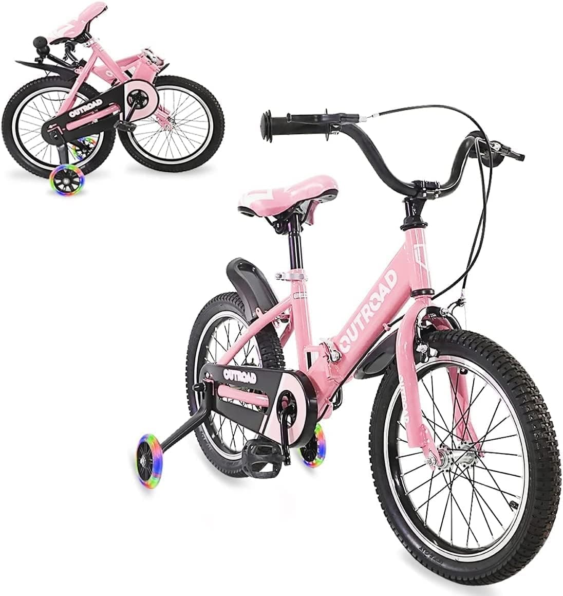 Outroad Folding Kids Bike for 3-8 Years Child Toddler Bicycle, 14/16 Inch Foldable Bike with Flash Training Wheels and Dual Handbrakes, Blue and Pink