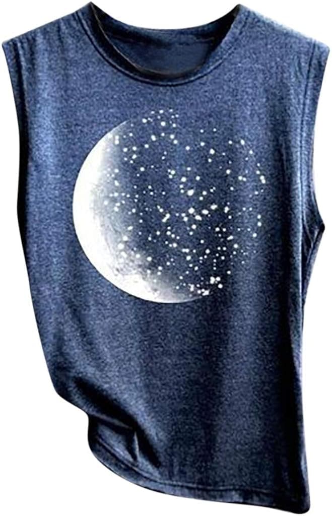 UNSHOU Women's Tank Tops Casual Loose Crew Neck Cute Print Sleeveless Tanks Shirts Sport Pullover Tunic Tops