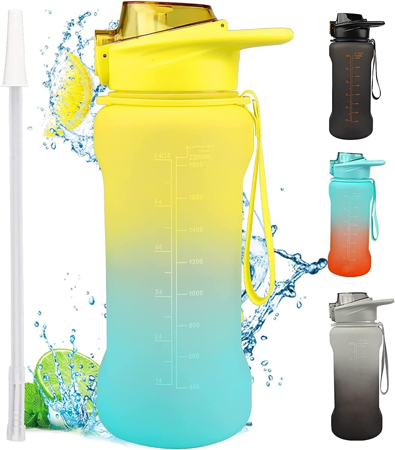 MIKAO 64 OZ Water Bottle with Straw Half Gallon Water Bottle with Straw 1/2 Water Jugs for Drinking BPA Free Large Cute Water Bottle with Handle for Sports Travel Gym Big Plastic Water Bottles