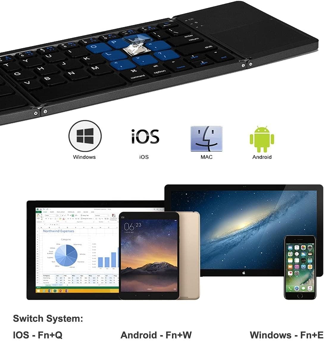 IKOS Foldable Bluetooth Wireless Portable Keyboard with Touchpad Rechargeable Full Size Ultra Slim Folding Mini Keyboard for iPhone iPad Mini/Pro/Air iOS Android Smartphones/Tablets and Windows