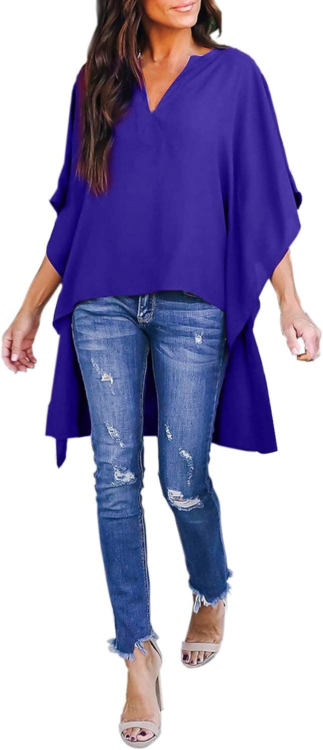 Asvivid Womens V Neck Bell Sleeve Asymmetrical High Low Tunic Tops Summer Chiffon Blouse Flowy Tops