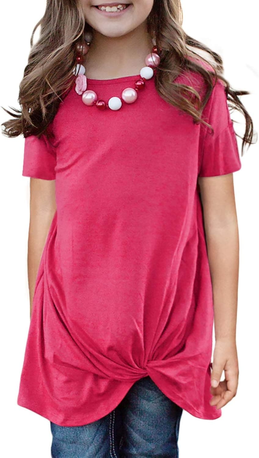 Blibea Girls Clothing Casual Short Sleeve Summer Tops Little Girls Knot Front Fashion Tee Shirts Size 4-13 6-7 Years Rose Red