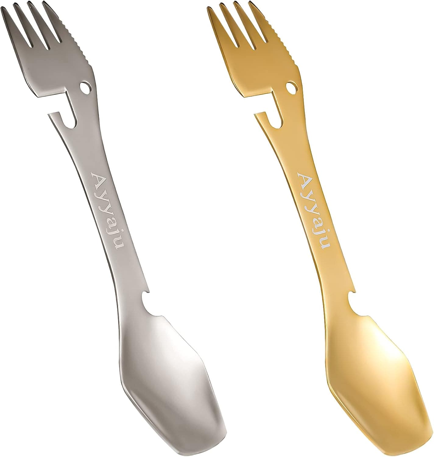 Ayyaju Multifunctional camping tableware 5-in-1 Stainless Steel camping can opener Spoon Fork Knife and Bottle Opener Multifunctional tableware for camping and hiking camping utensils(2 pcs)