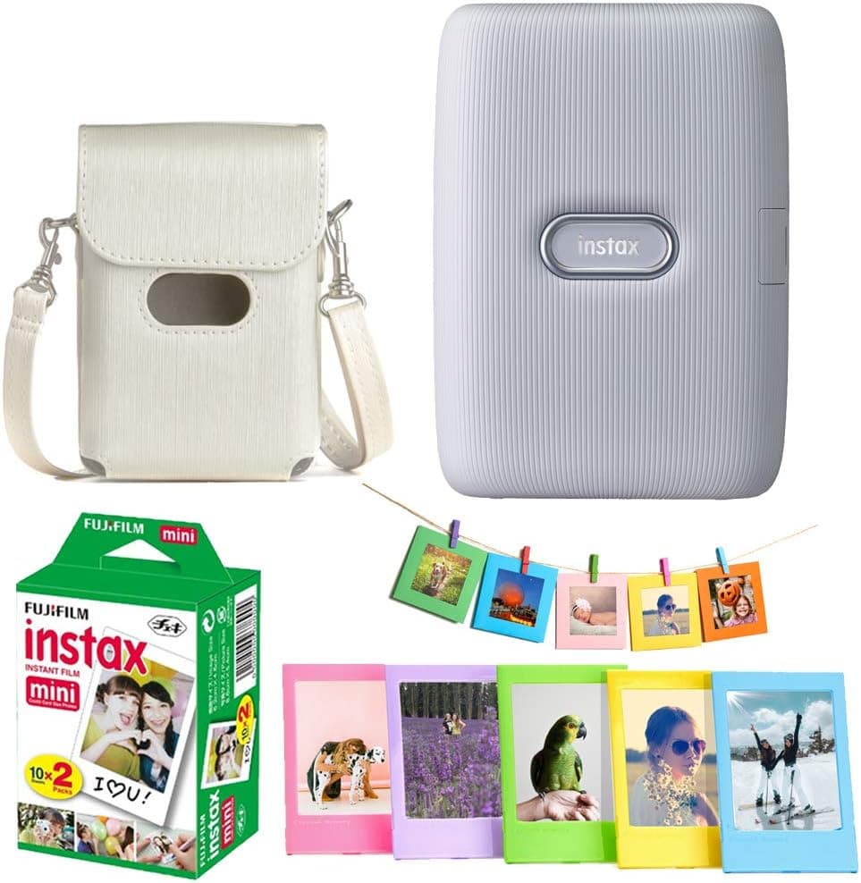 Fujifilm Instax Mini Link Smartphone Printer - (Ash White) + Fujifilm Instax Mini Twin Pack Instant Film (20 Sheets) + Protective Case for Mini Link Printer - Accessory Bundle