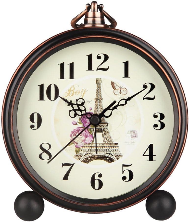 HENSE 5" Classic Retro Antique Design European Style Decorative Mantel Clock Mute Silent Quiet Quartz Movement Metal Frame Desk Table Alarm clock HA65 (Eiffel Tower)