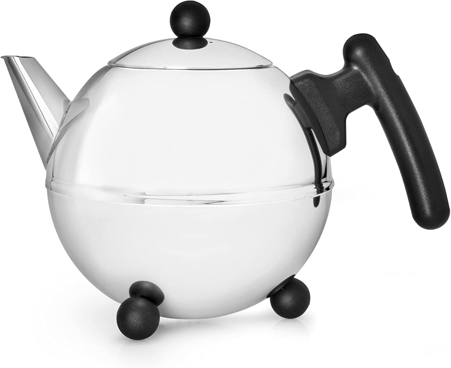 bredemeijer Bella Ronde Double Walled Teapot, 0.75 Liter, Stainless Steel Glossy Finish with Black Accents