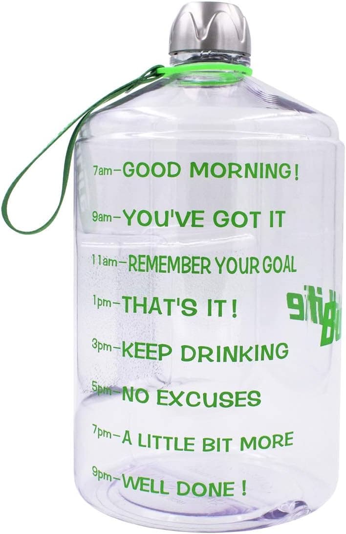 QuiFit 1 Gallon Water Bottle with Motivational Time Marker 128/73/43 oz Large Capacity BPA Free Reusable Sports Water Jug with Handle to Drink More Water (Clear/Green, 73 oz)