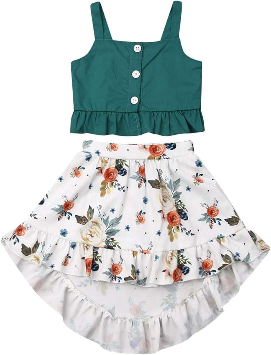 Toddler Baby Girls Ruffle Strap Top+Boho Floral Skirt Summer Outfit Clothes Two Piece Set