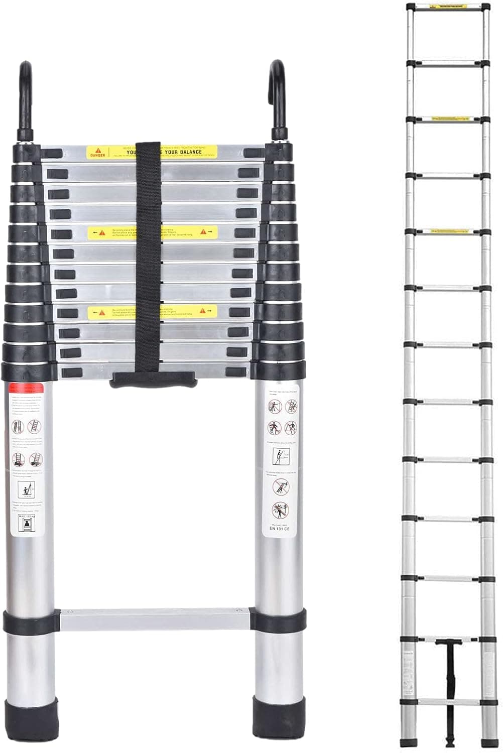 Aluminum Telescoping Ladder 16.5ft Straight Ladder 13 Steps Adjustable Height with 2 Hooks Anti-Slip Rubber Feet and Auto-Lock Latches, 330lbs Load Capacity Portable Folding Extension Ladder