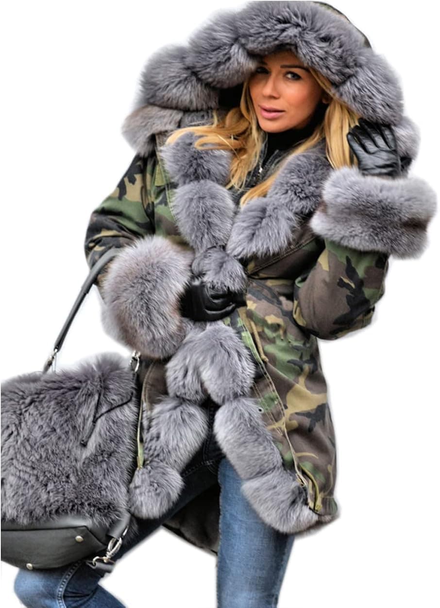 Roiii Womens Hooded Camouflage Warm Winter Coats Faux Fur Jacket Parka Overcoat