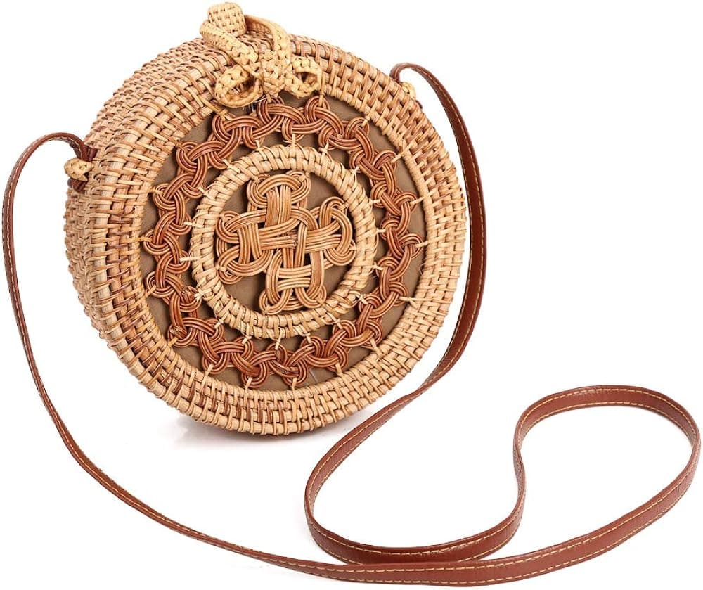 TANCHEN Handwoven Round Rattan Bag Tote Bag with Bow Clasp Rattan Boho Purse