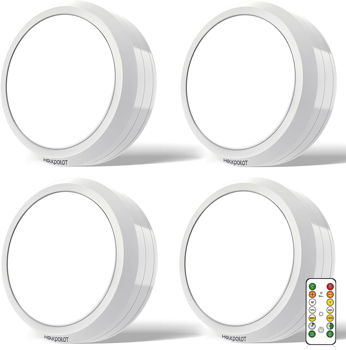 HOLKPOILOT Puck Lights with Remote Control, Under Cabinet Lighting Battery Operated, Under Counter Cabinet Puck Lighting, Kitchen Cabinet Lights Stick On Lights White (4pack)