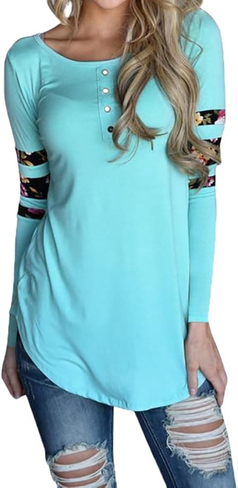 Chvity Women's Casual Long Sleeve T-Shirt Round Neck Front Button Floral Print Tops Tunic Blouse