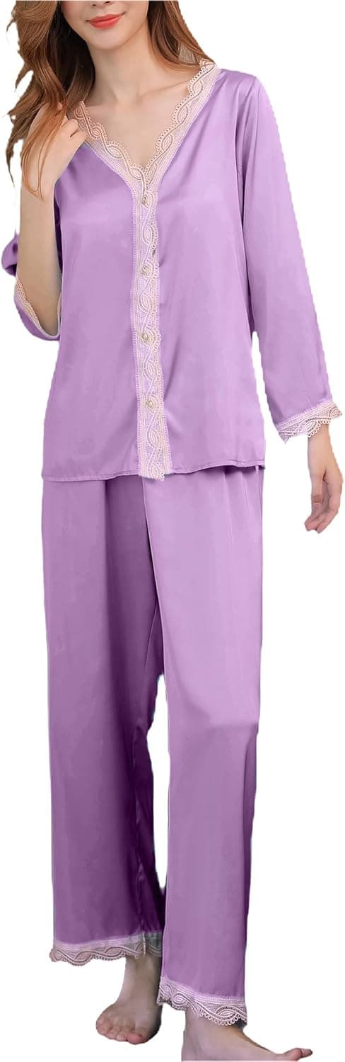 GSKS Womens Silk Satin Long Sleeve Pajama Set Lace Button-down 2-Piece Loungewear Sleepwear