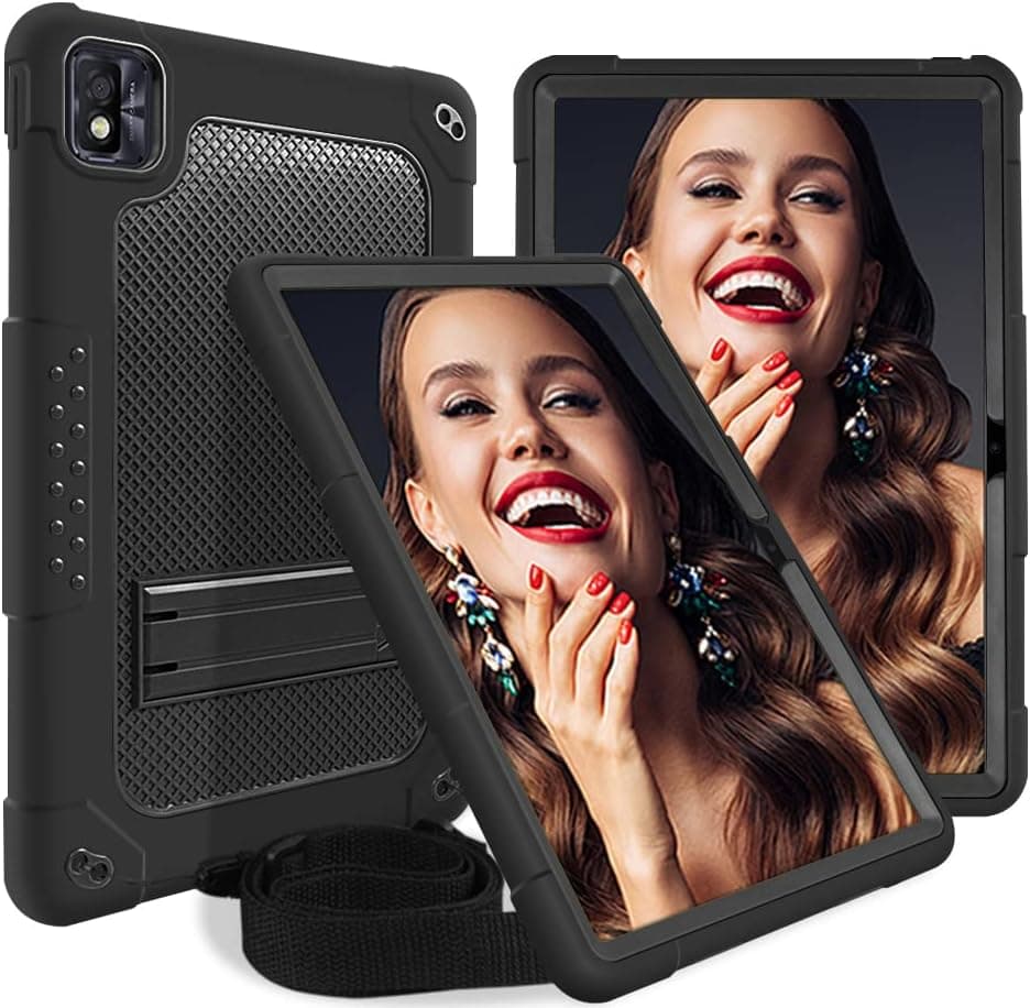 Mignova for TCL TAB 10s 10.1" FHD Android 10 Tablet Model 9081X Soft Silicone & Had Back Shell for TCL Tab 10s FHD Tablet Kids Friendly Case Built with Stand / Shoulder Strap Function (Black+Black)