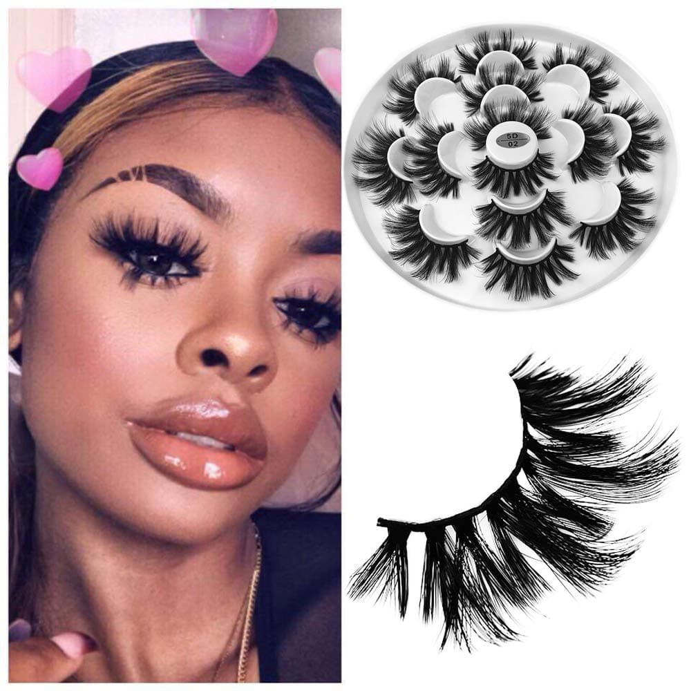 FDXH 7 Pairs 5D 25mm Mink Eyelashes Faux Dramatic Look False Eyelashes Fluffy Natural Extension Crossed Fake Eyelashes Makeup Long Handmade Eyelashes Soft Thick Reusable Lashes Black