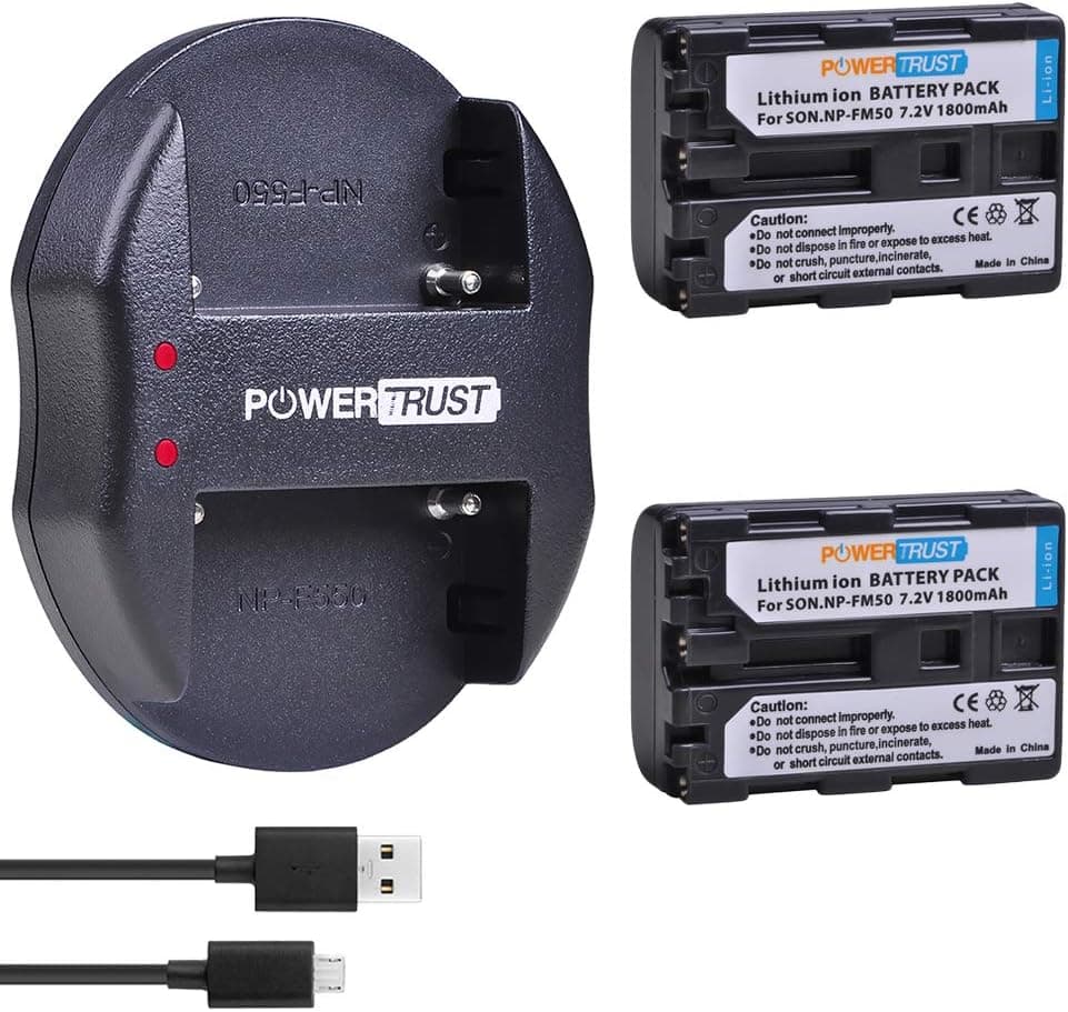 PowerTrust 2 Pack NP-FM50 FM55H Batteries and Dual USB Charger for Sony NP-FM51, NP-FM30, NP-FM55H, DCR-PC101, A100 Series, DSLR-A100