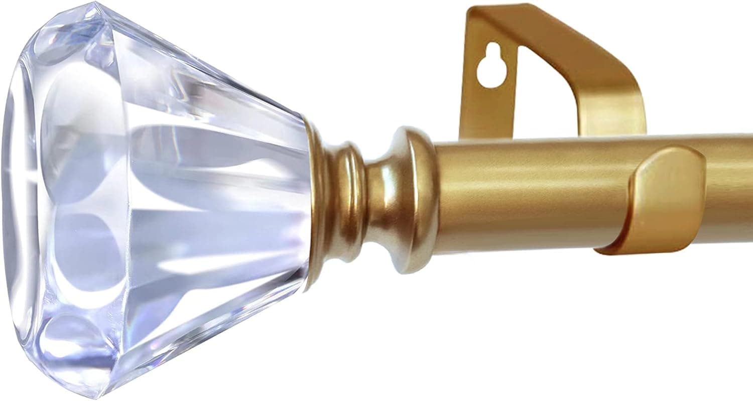 1 Inch Curtain Rods for windows 36 to 72", Adjustable Curtain Rod with Acrylic Crystal Diamond Finials, Single Drapery Rod and Bracket Set(Gold)