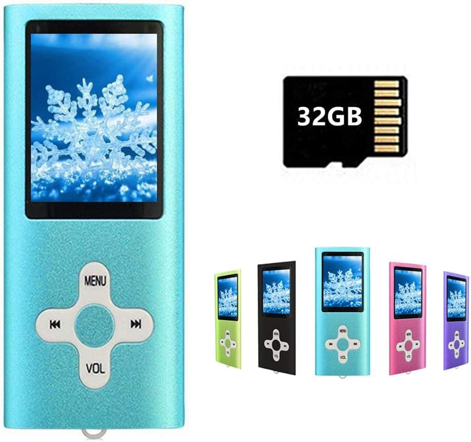 MP3 Player MP4 Player with a 32GB Micro SD Card, Runying Portable Music Player Support up to 64GB, Mini USB Port 1.8 LCD, with Photo Viewer, E-Book Reader, Voice Recorder(32GB Blue)