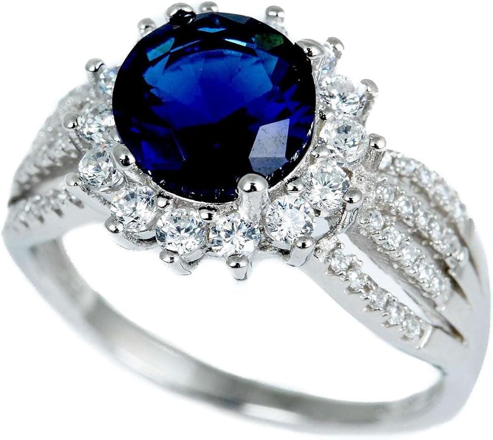 Oxford Diamond Co Halo Style Simulated Blue Sapphire & Cz Fashion .925 Sterling Silver Ring Sizes 5-10