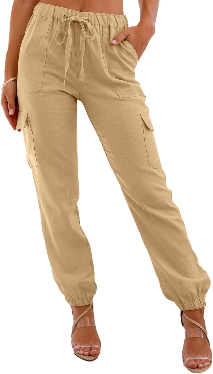 BZB Womens Casual Pants Elastic High Waisted Drawstring Lounge Trousers Jogger Cuff Cargo Pencil Pants with Pockets