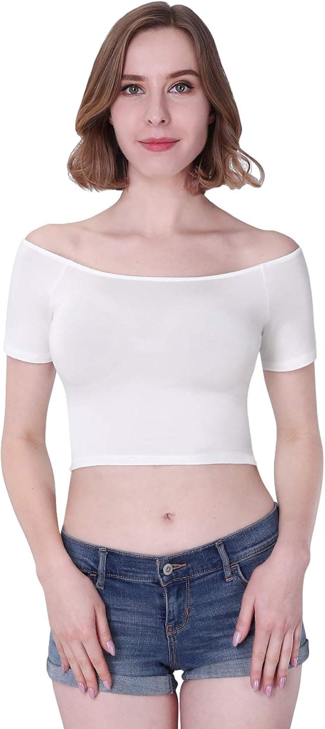 Vislivin Womens Short Sleeve Tank Tops Off Shoulder Crop Top Short Cami