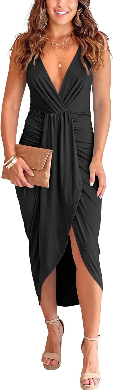 Atizon Women's Formal V Neck Dress Sexy Split Sleeveless Backless Cocktail Evening Midi Sun Dresses