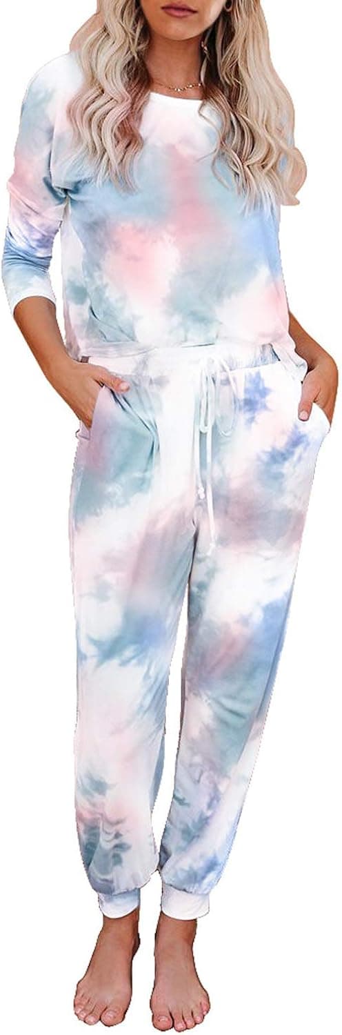 Asvivid Womens Tie Dye Printed Long Sleeve Tops and Pants Long Pajamas Set Joggers PJ Sets Nightwear Loungewear