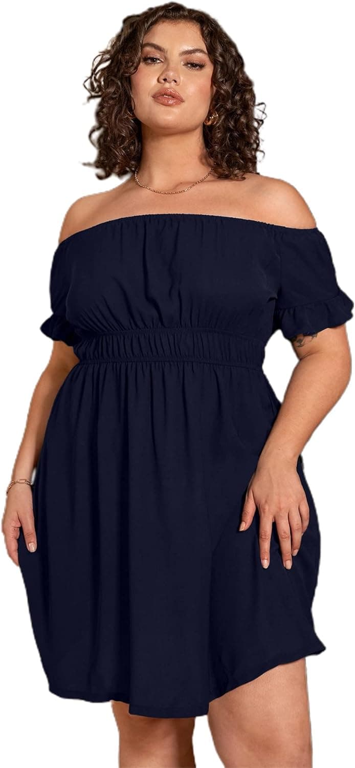 Romwe Women's Plus Size Off The Shoulder Short Sleeve A Line Flared Party Mini Dress