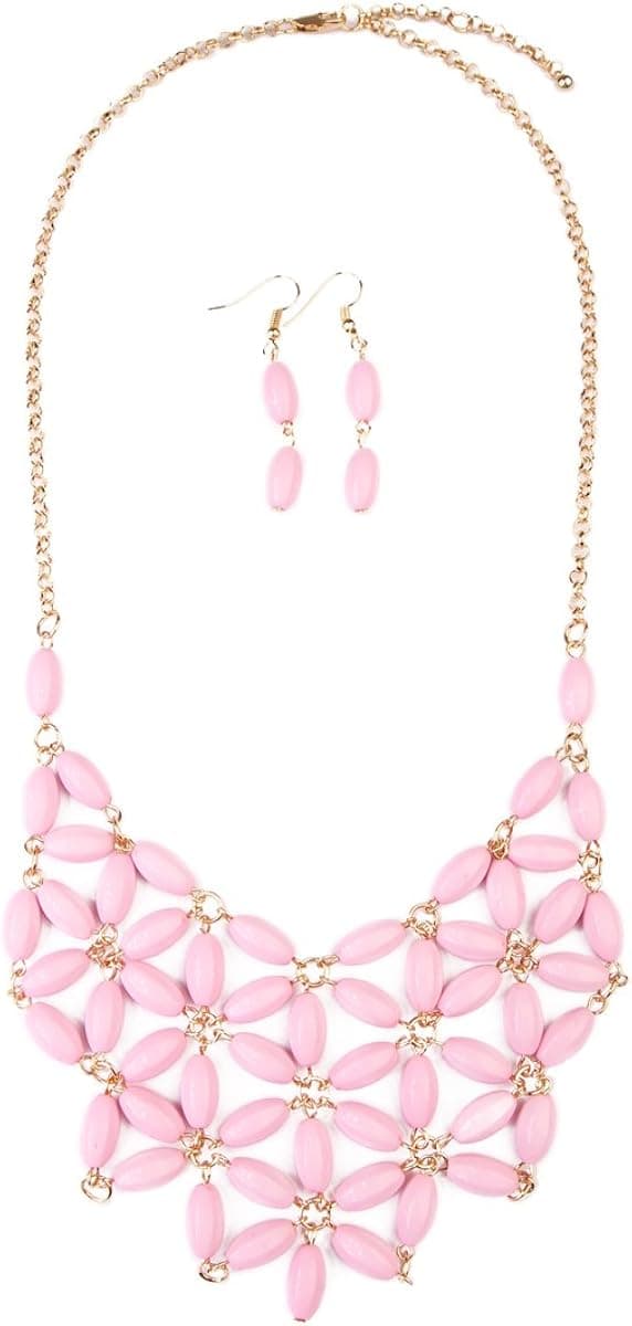 MYS Collection RIAH Fashion Floral Pattern Beaded Bubble Statement Bib Necklace - Tessellate Net Bead Fashion Statement Jewelry for Women (Pink)