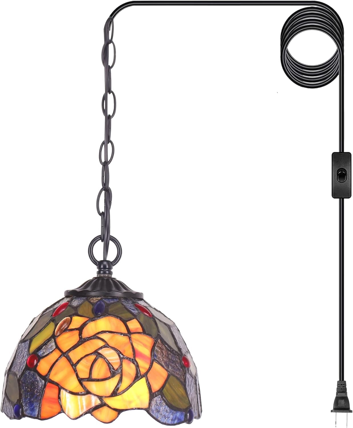 RHLAMPS Tiffany Plug-in Pendant Light with W8H7 Inch Stained Glass Rose Style Shade, Vintage Black Metal Hanging Lamp, Luxury Ceiling Fixture for Living Room Bedroom Kitchen Dining Room
