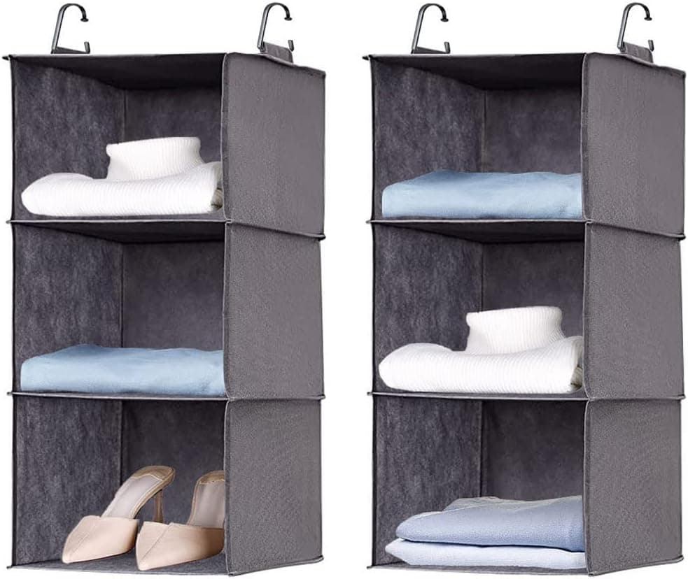 ROYFACC Hanging Closet Organizer 3-Shelf Collapsible Hanging Closet Shelves Hanging Storage Organizer for Closet with 2 Metal Hooks, 2 Pack (Grey, 3 Shelves)