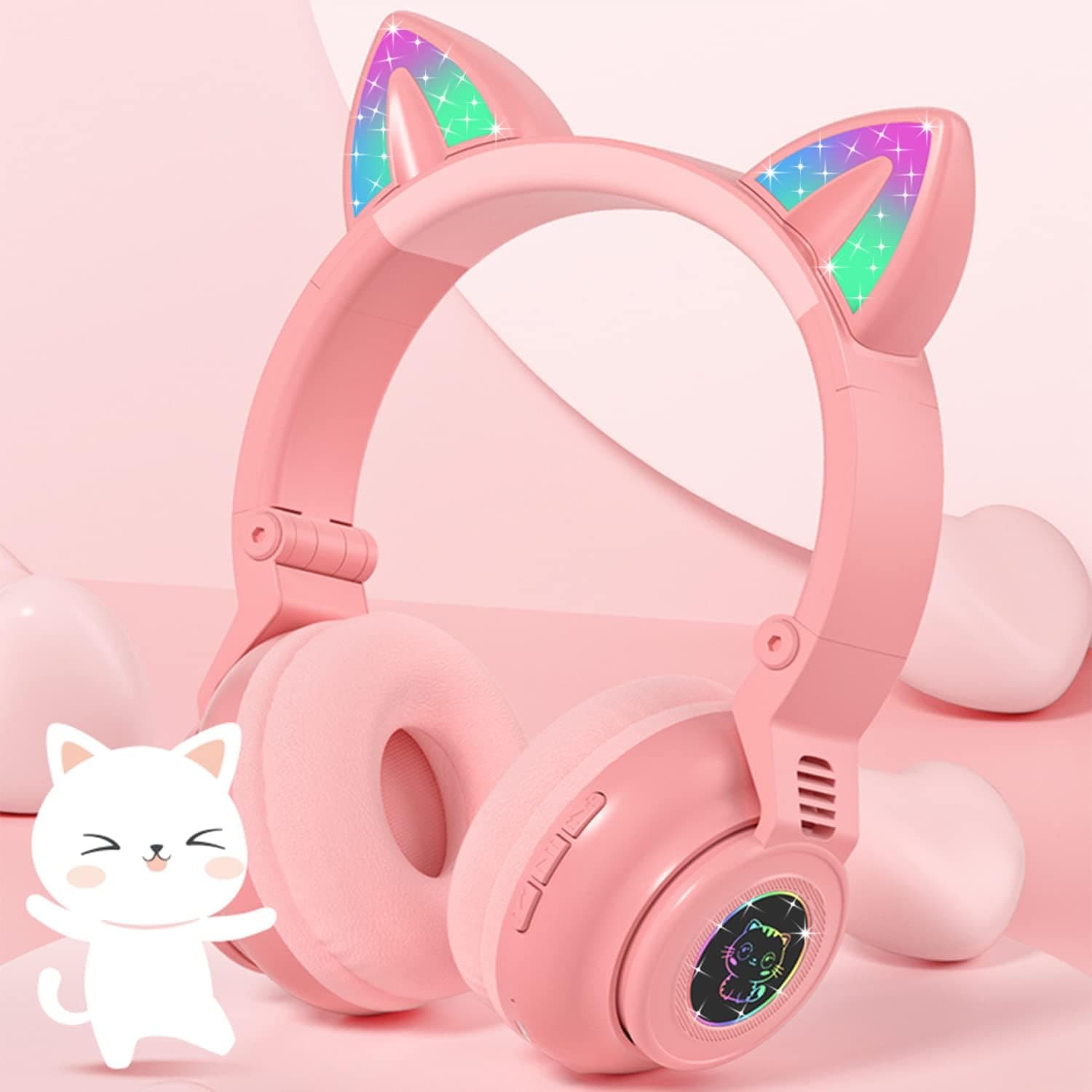 Bluetooth Headphones for Kids, LED Cat Ear Wireless Foldable Headphones for Kids Teens Adults, Over Ear Headset with Microphone for Girls on School/Travel (White Pink)