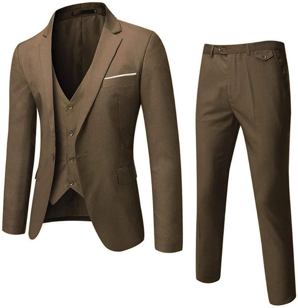 WULFUL Men’s Slim Fit Suit One Button 3-Piece Blazer Dress Business Wedding Party Jacket Vest & Pant