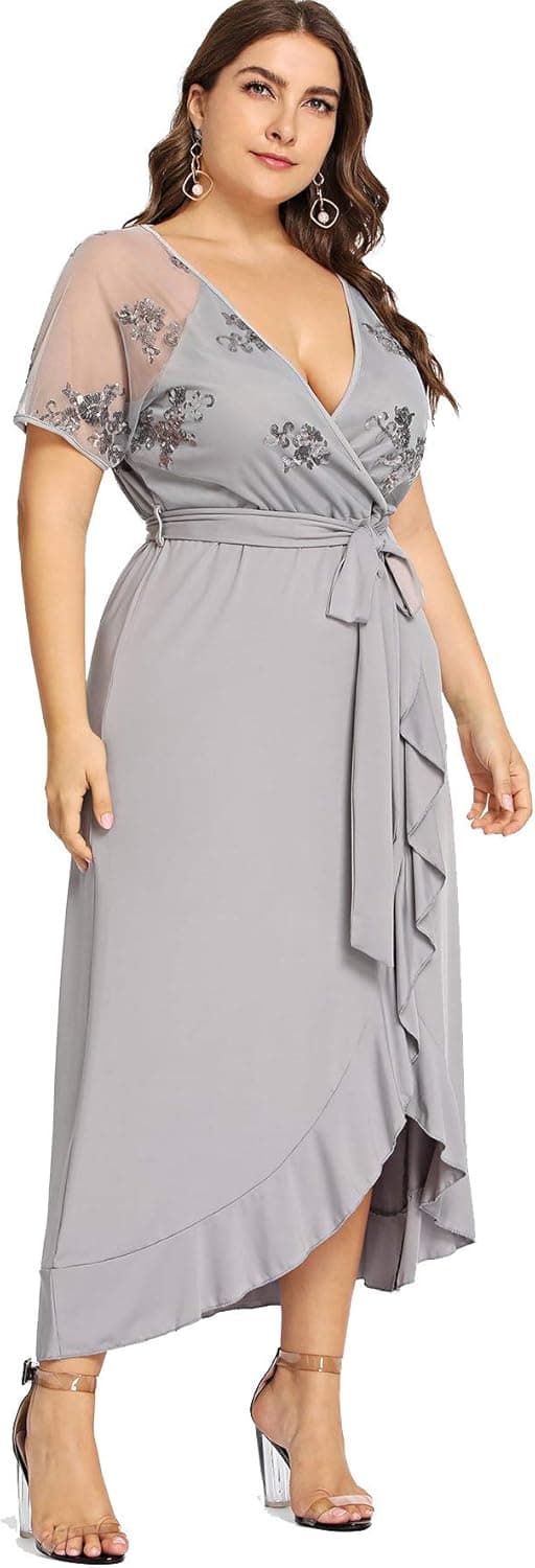 Milumia Plus Size Empire Waist Maxi Dress Ruffle Split Semi Sheer Embroidered Party Solid Dresses Gray 4XL