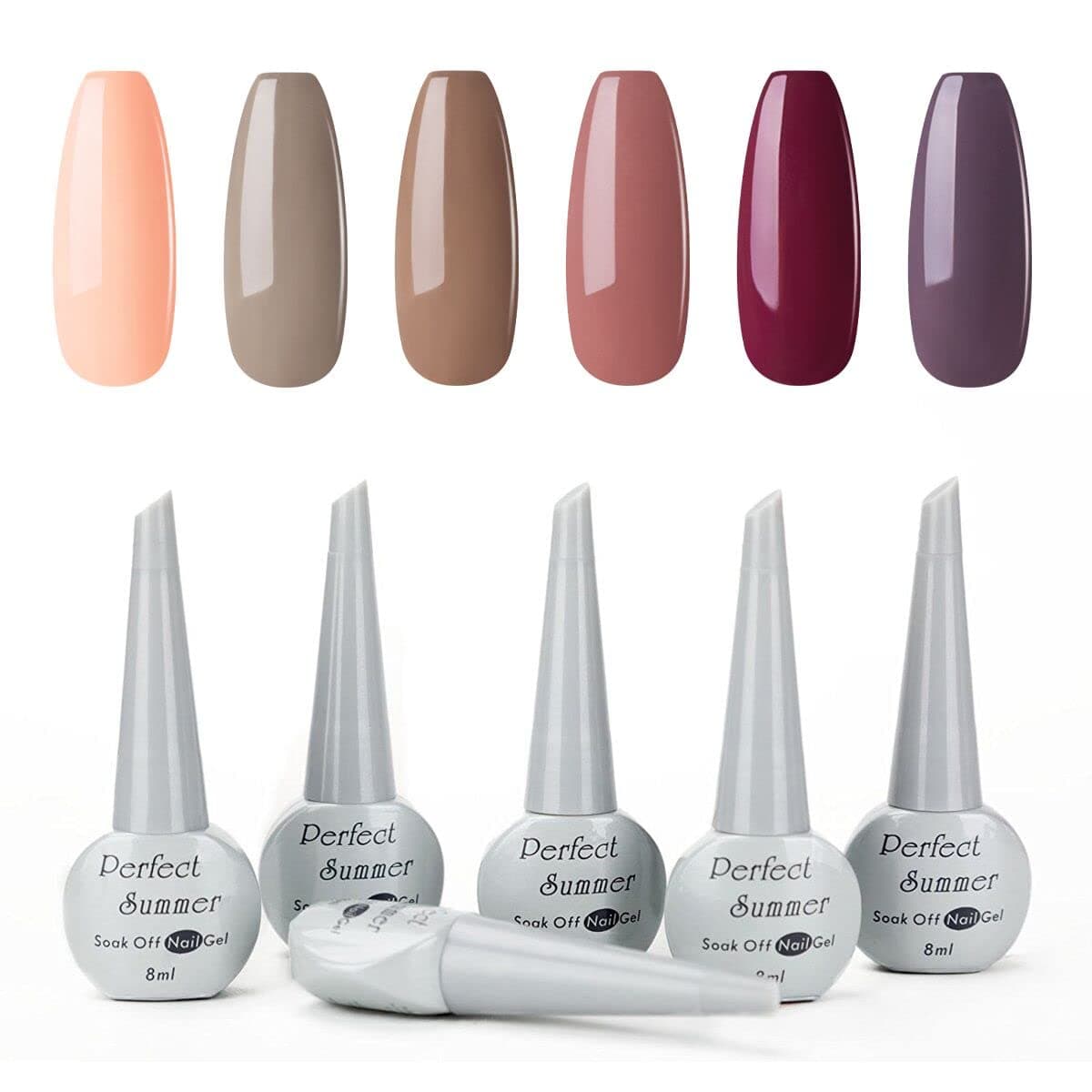 Perfect Summer Gel Nail Polish Set - Soft Tranquil Tones pink nude Wine Red Kit LED Soak Off Nail Gel Polish 6 Colors 8ml Each