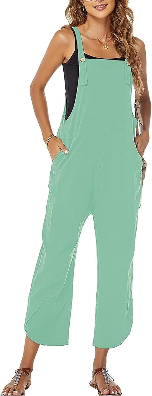 Shebote Womens Sleeveless Cotton Linen Adjustable Bib Overalls Baggy Jumpsuits Romper with Pockets Straps Jumpsuit