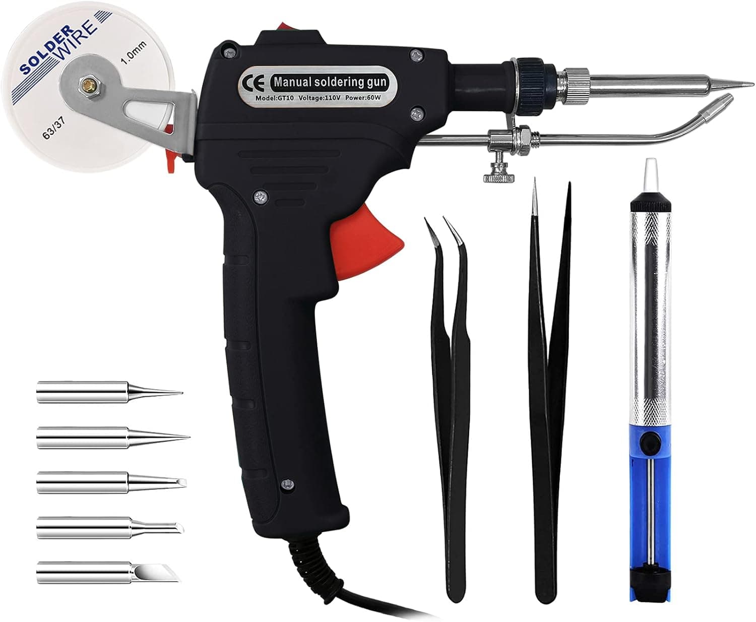 Soldering Gun, Automatic Feed Soldering Gun, 60W One Hand Soldering Iron Kit with Switch, 1mm Tin Wire, Desoldering Pump, 5pcs Solder Tips, 2pcs Anti-Static Tweezers for Electronic Repair (Black)