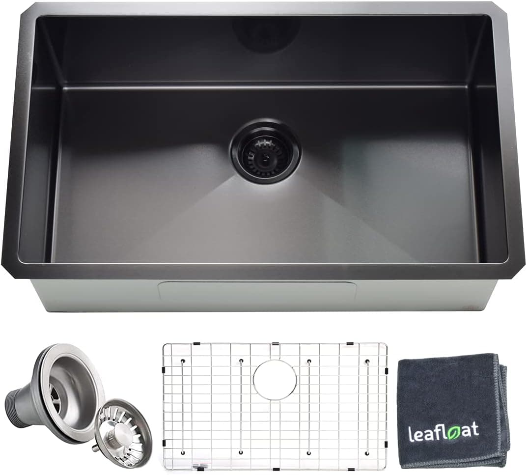 leafloat Black Nano Kitchen Sink 30 Inch, 30"x18"x10", Single Bowl, Undermount, 16 Gauge T304 Stainless Steel, Satin Finish, with Strainer & Bottom Grid, cUPC listed