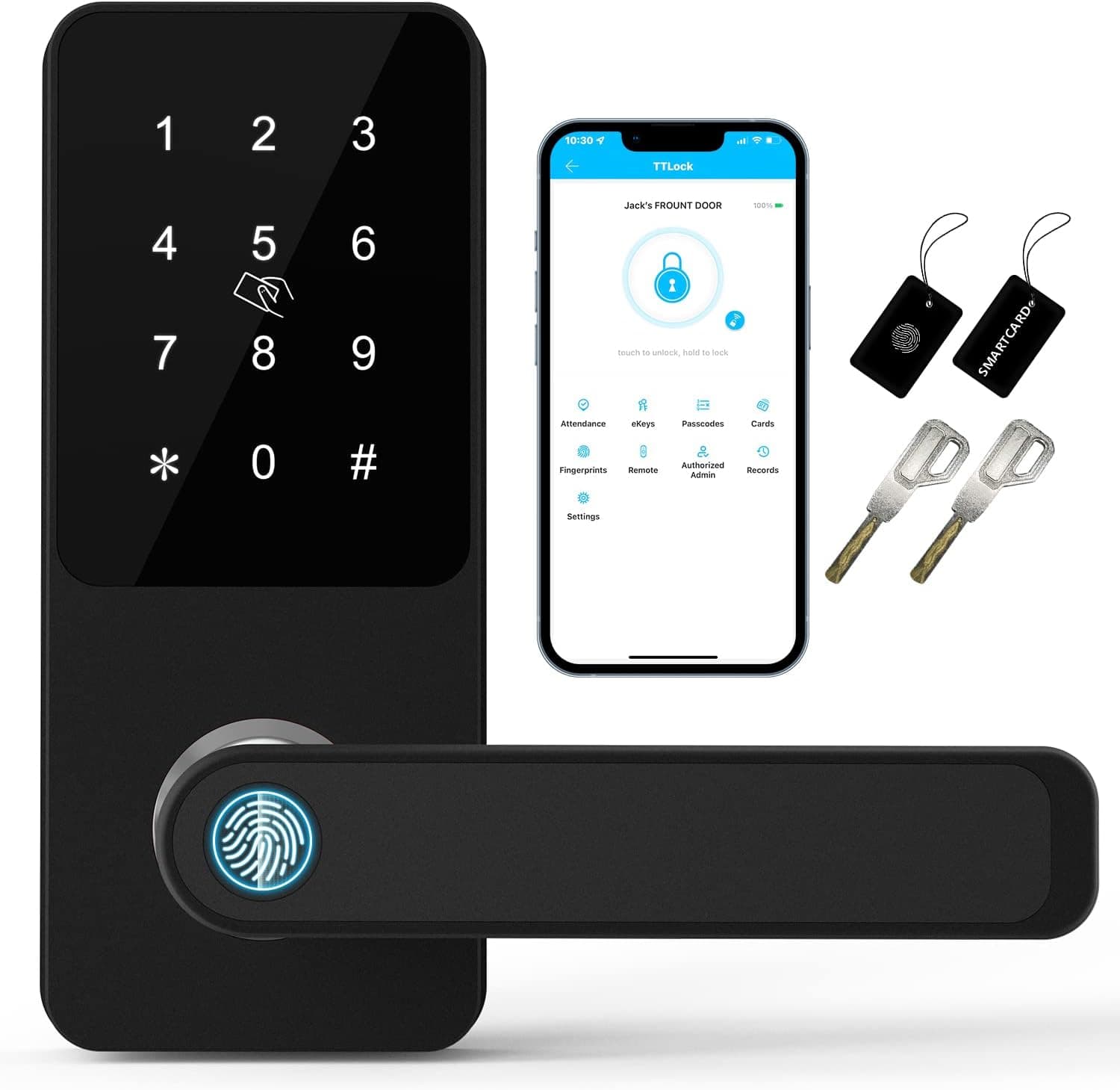 HOTATA Smart Lock, Keyless Entry Door Locks for Front Door, Electronic Keypad Fingerprint Door Lock with 6-in-1 Unlock - Fingerprint, Bluetooth, Code, IC Card, Key, Remote Unlock (Black)