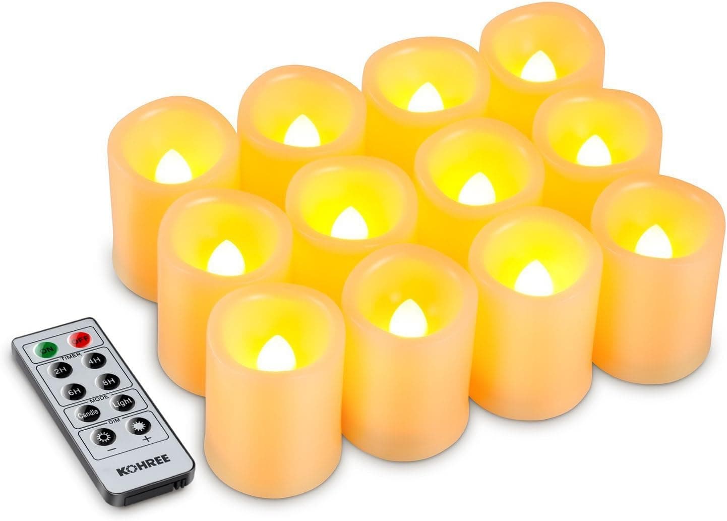 Kohree Flameless Candles LED Battery Candles with Timer Remote Control LED Pillar Votive Unscented Ivory Remote Candles Amber Yellow Flame Pack of 12