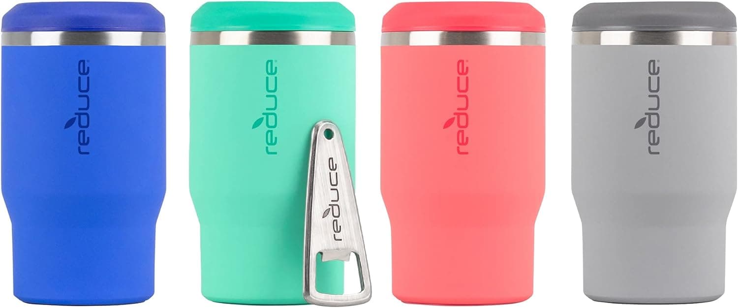 REDUCE 4-in-1 Stainless Steel Bottle and Can Insulator - Keeps Bottles, Cans, Skinny Cans and Mixed Drinks Cold - Sweat-Free, Perfect for Outdoor Drinking - 4pk - Blue, Green, Pink & Gray